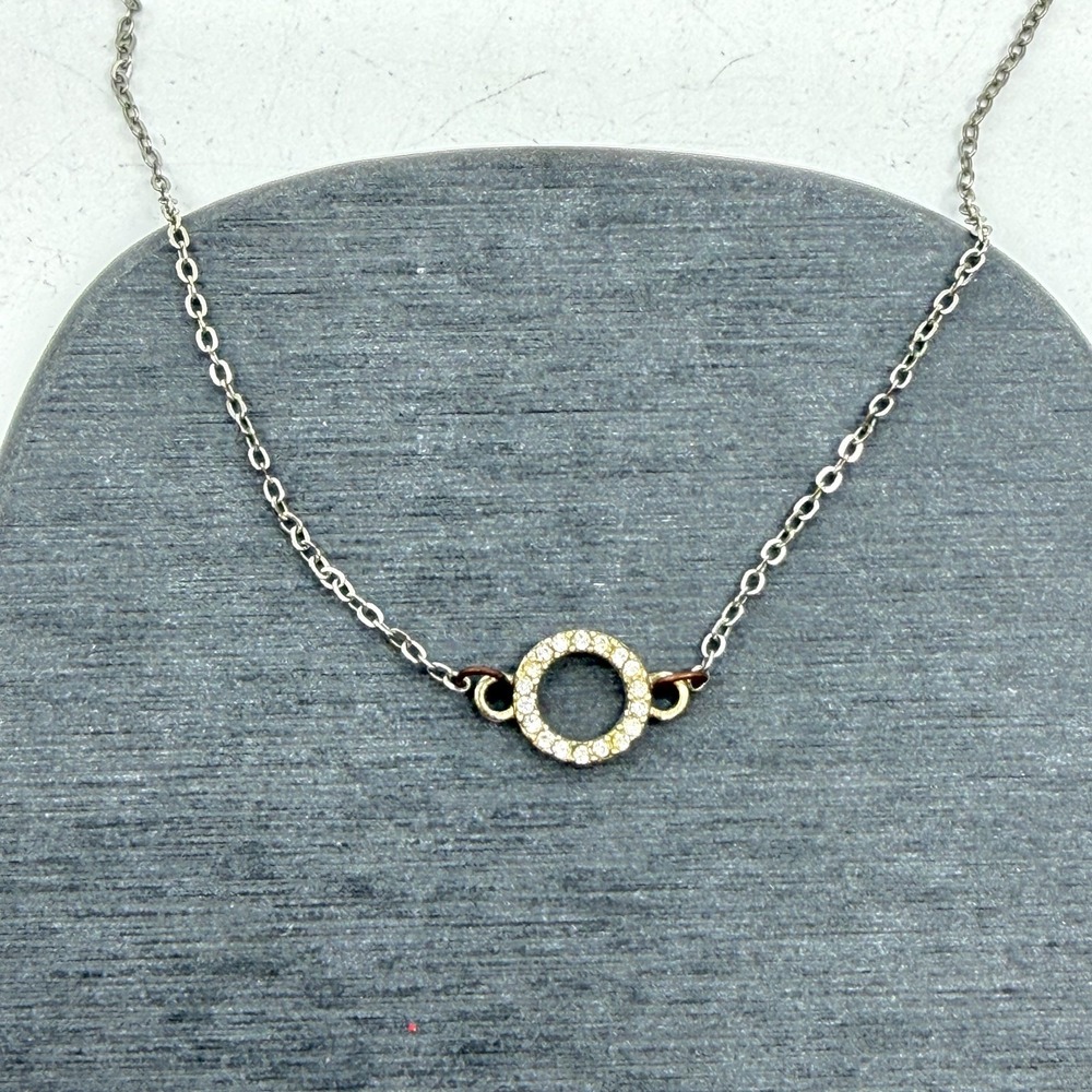 Two Tone Rhinestone Circle Station Necklace Silver & Gold Tone Minimalist Gift